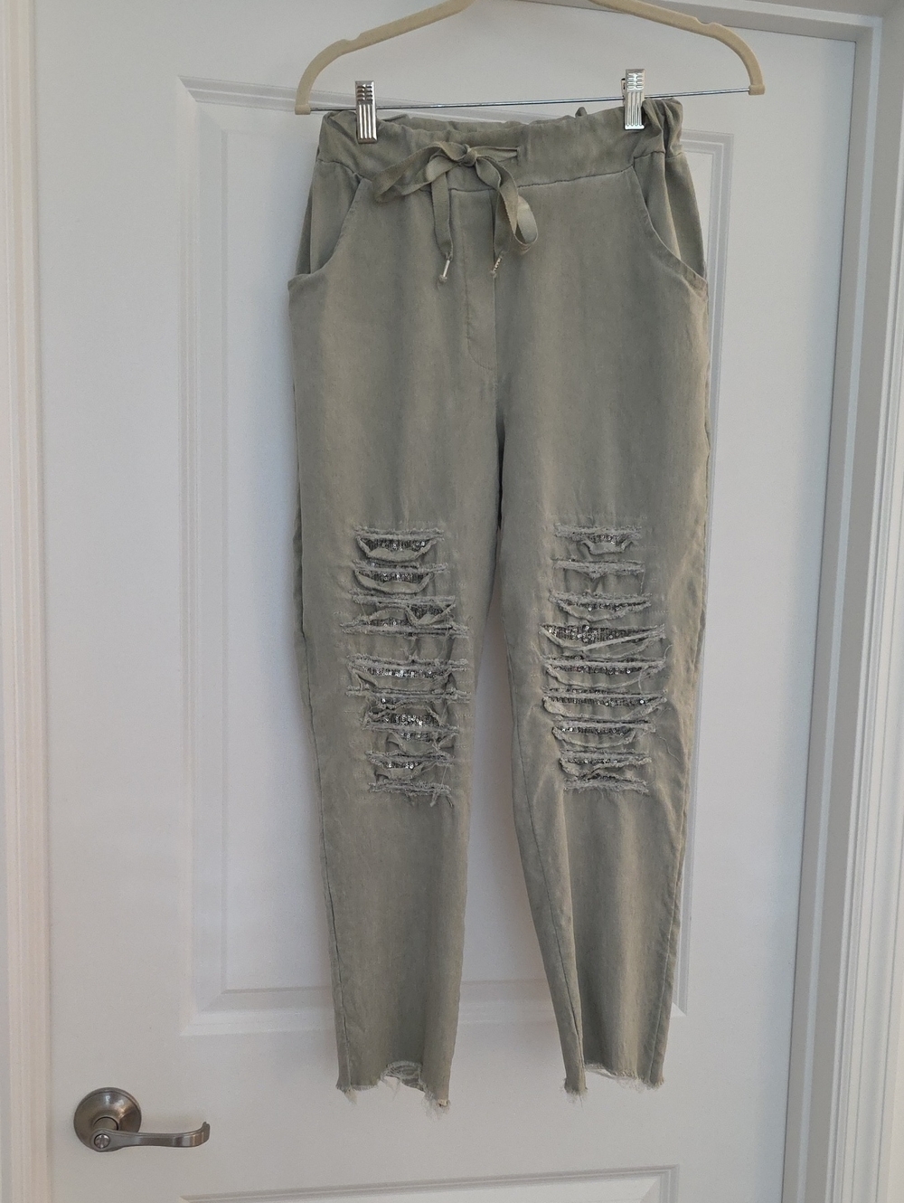 Womens Distressed Drawstring Ankle Jeans in Sage Green